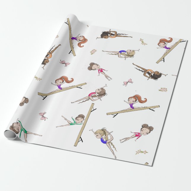 Papel De Presente Girls Gymnastics Pink Purple Rainbow Patterno (Desenrolado)
