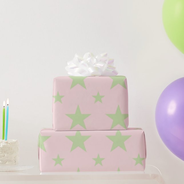 Papel De Presente Girly Celestial Pastel Pink & Green Stars Pattern (Presentes para festas)
