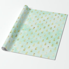 Papel De Presente Girly Mint Glam Dourado Ananases Tropicais