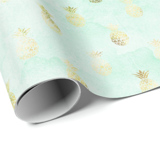 Papel De Presente Girly Mint Glam Dourado Ananases Tropicais (Ponta do rolo)