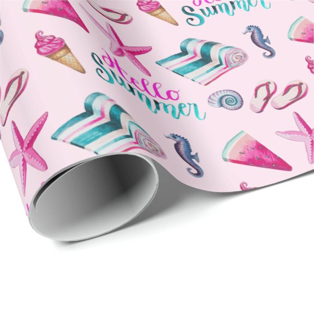 Papel De Presente Girly Pink Summer Beach Watercolor Pattern (Ponta do rolo)