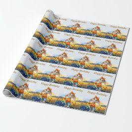 Papel De Presente Girly rabbit sunflower field Happy Birthday