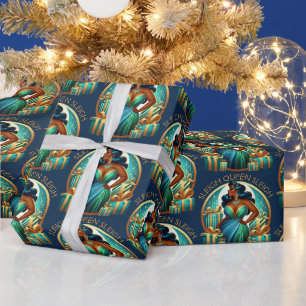Papel De Presente Glam Black Woman Elegante Teal e Dourado Natal