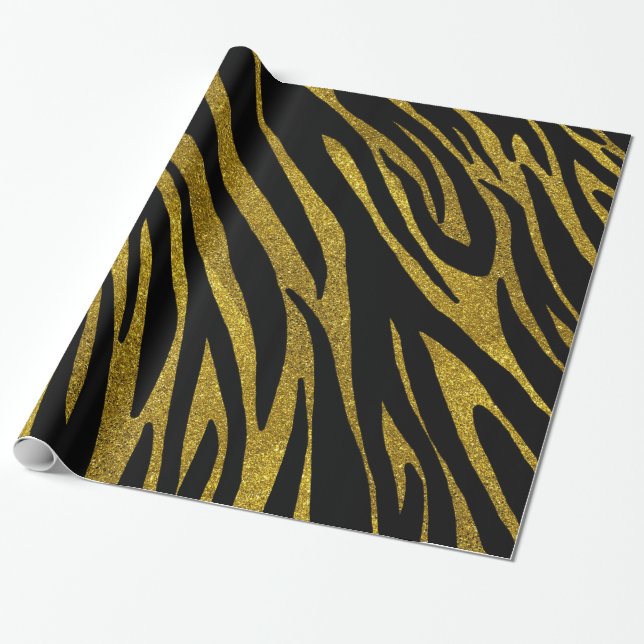 Papel De Presente Glam Black Zebra Stripes & Faux Dourado Glitter (Desenrolado)