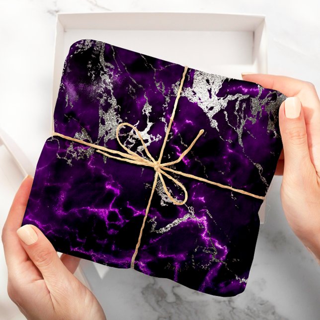 Papel De Presente Glam Brilhante do Mármaco Branco de Prata Roxo Noi (Noir Purple Silver White Marble Shiny Glam Wrapping Paper)