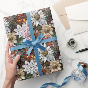 Papel De Presente Glam Champagne Dourado Flores Brancas Vermelhas