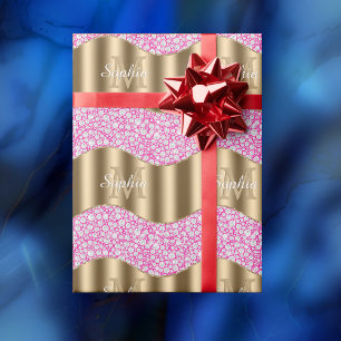 Papel De Presente Glam Diamonds Fuchsia, Monograma Dourado, Nome em