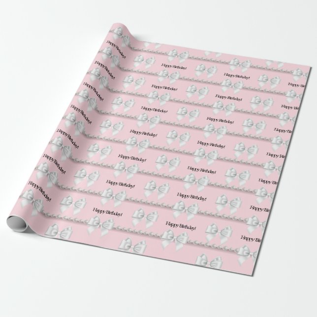 Papel De Presente Glam Rosa Tema Tiffany Bougie Laço Branco Pérolas (Desenrolado)