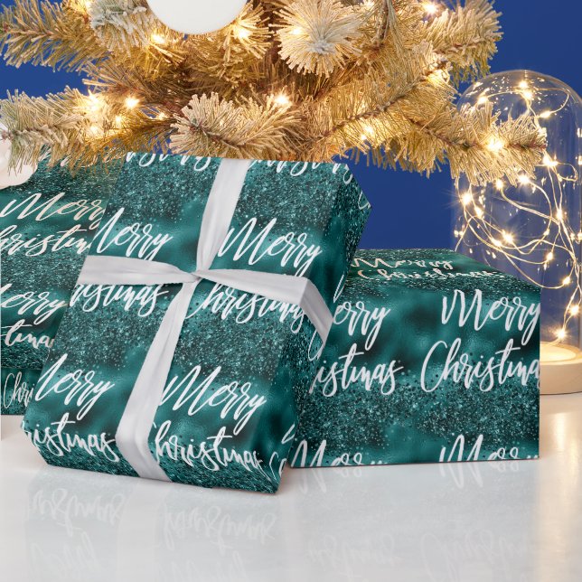 Papel De Presente Glam Teal Foil Glitter Feliz Natal Caligrafia (Feriados)