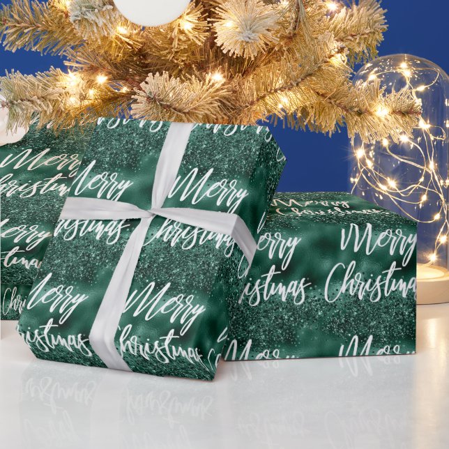 Papel De Presente Glam Verde Brilho Glitter Feliz Natal Script (Feriados)