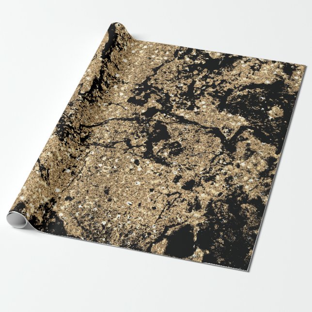 Papel De Presente Glama Mínimo Dourado com Brilho Negro Abstrato (Desenrolado)