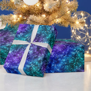 Papel De Presente Glamour Oceânico com Brilho Roxo e Turquesa
