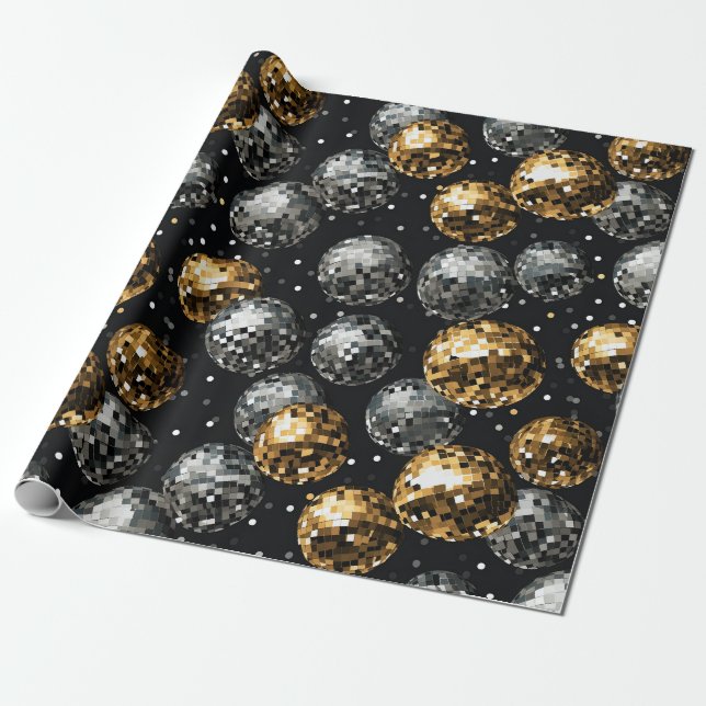 Papel De Presente Glamouroso Bola de Disco Metálico Dourada e Prata (Desenrolado)