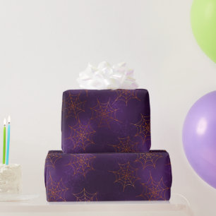 Papel De Presente Glamurosas Teias de Aranha Laranja e Roxo Hallowee
