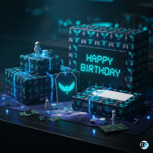 Papel De Presente Glifos Alienígenas Neon Teal Aniversário de Gamer