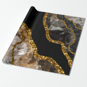 Papel De Presente Glitor de Geodo de Agato Preto e Dourado