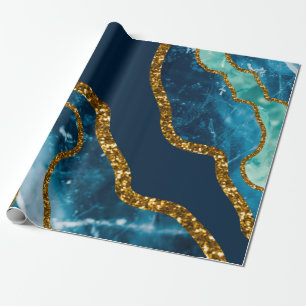 Papel De Presente Glitter de Geodo de Agato Azul e Dourado