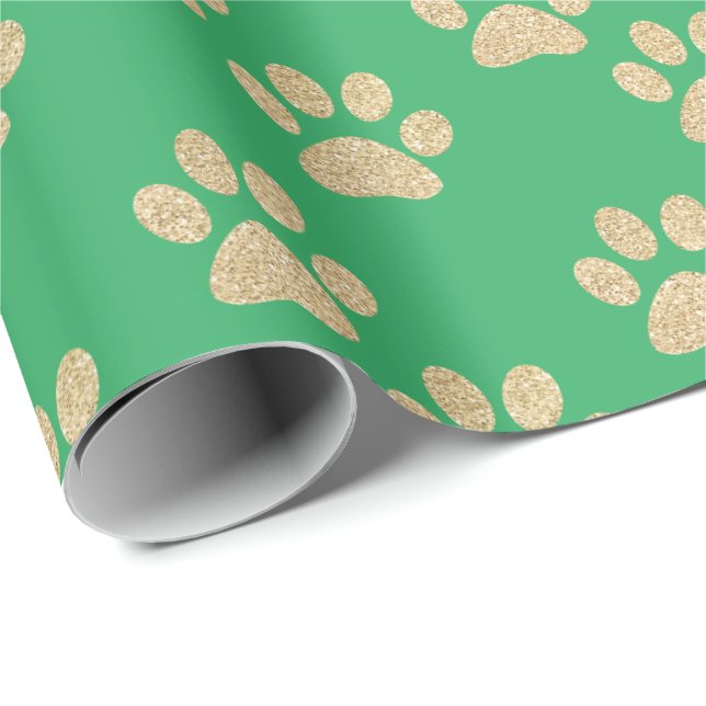 Papel De Presente Glitter Dourado e bonito imprime os pés verdes (Ponta do rolo)