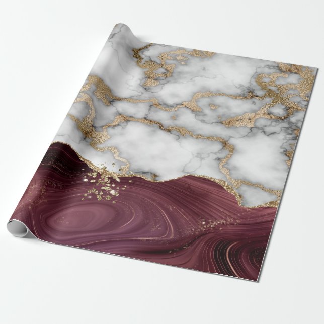 Papel De Presente Glitter Dourado Elegante Shiny Marble Burgundy (Desenrolado)