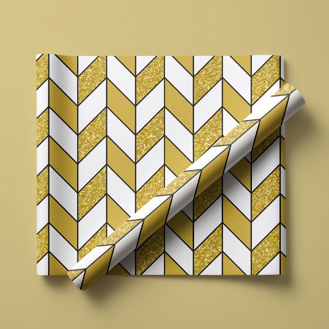 Papel De Presente Glitter Dourado Moderno em Padrão Herringbone Chev (Criador carregado)