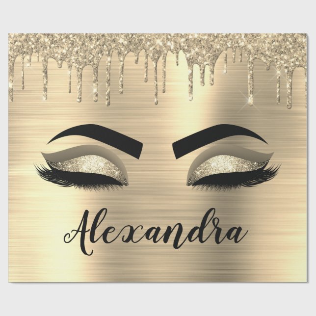 Papel De Presente Glitter Sparkle Eyelashes Dourado Nome do Monogram (Aberto)
