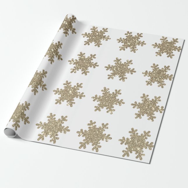 Papel De Presente Glittery Gold Snowflake Patterns White Christmas (Desenrolado)