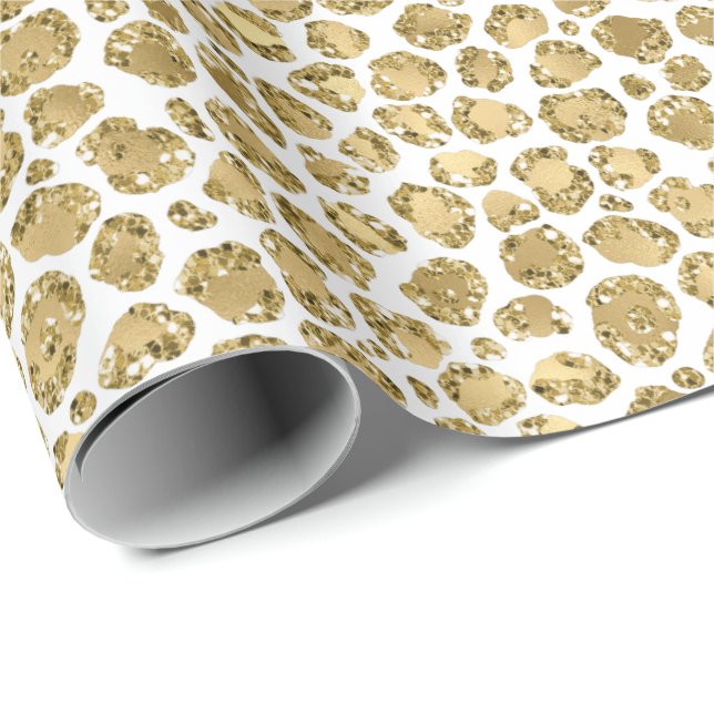 Papel De Presente Glitzy Glam Dourado White Gliter Impressão Leopard (Ponta do rolo)