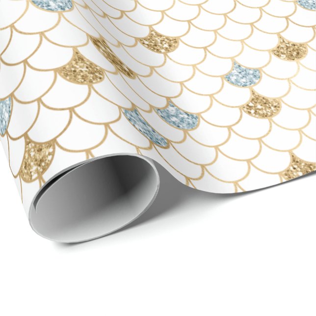 Papel De Presente Glitzy Sereia Azul-Dourada Brilhante (Ponta do rolo)