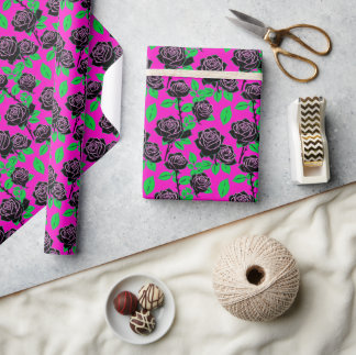 Papel De Presente Glossy Black Roses On A Hot Pink Background