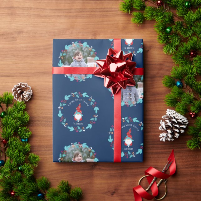 Papel De Presente Gnome Sweet Gnomo Floral Wreath Blue Foto Personal (Presente de Natal)