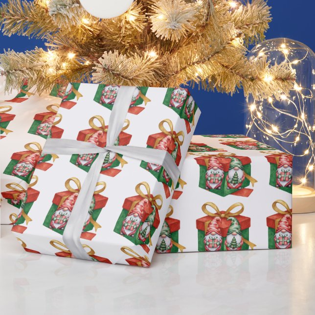 Papel De Presente Gnome Vermelho de Natal e um Gnome Verde (Feriados)