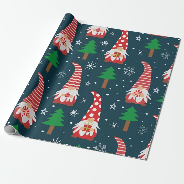 Papel De Presente Gnômes de Natal fofos com árvores e flocos de neve (Desenrolado)
