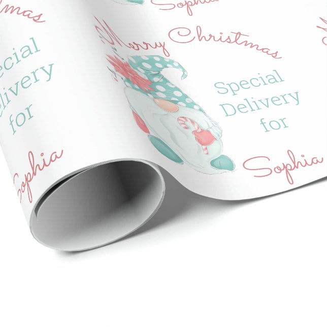 Papel De Presente Gnomo de Natal Feliz Pastel Fofo com Nome Personal (Ponta do rolo)