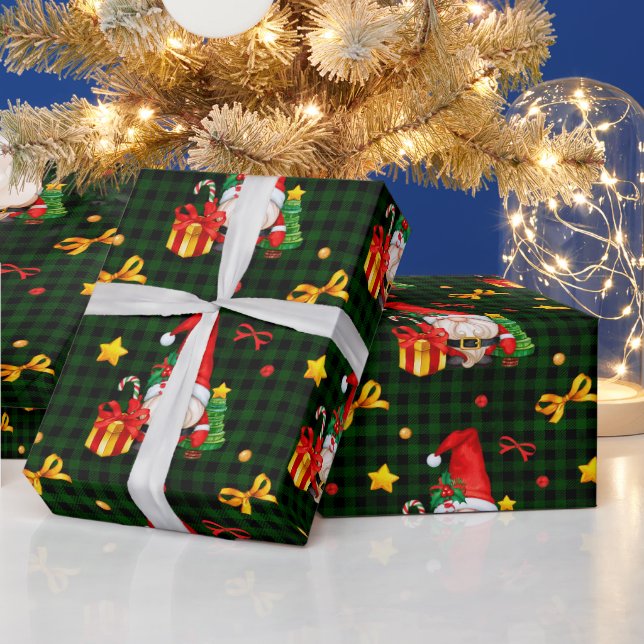 Papel De Presente Gnomo do Papai Noel Xadrez Verde (Feriados)