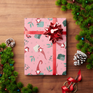 Papel De Presente Gnomos com árvores de Natal e presentes a rosa