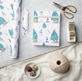 Papel De Presente Gnomos Cons Aquarela Azul Árvore Neves do Natal