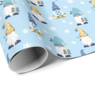 Papel De Presente Gnomos da Trendência Dourada de inverno Azul