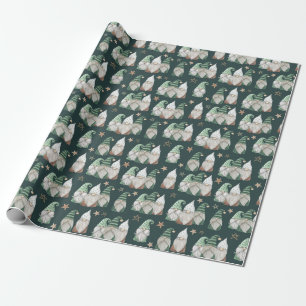 Papel De Presente Gnomos de Natal Verde Dourado Escandinavo Moderno