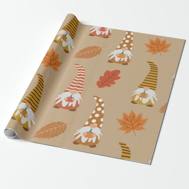 Papel De Presente Gnomos do Dia de Ação de Graças com folhas de outo (Desenrolado)