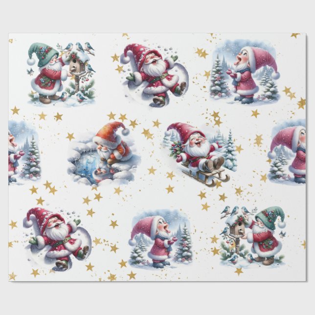 Papel De Presente Gnomos e Estrelas Douradas de Papais noeis Whimesy (Aberto)
