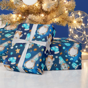 Papel De Presente Gnomos Escandinavos Azuis e Azuis de Natal