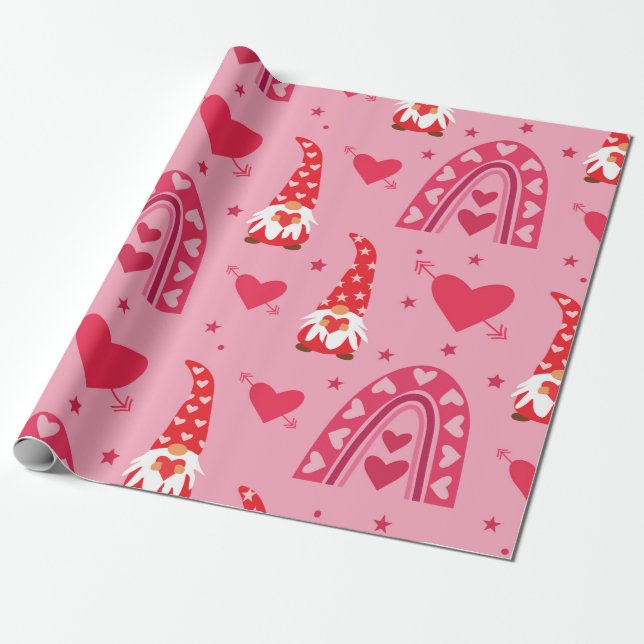 Papel De Presente Gnomos namorados com coração e arco-íris (Desenrolado)