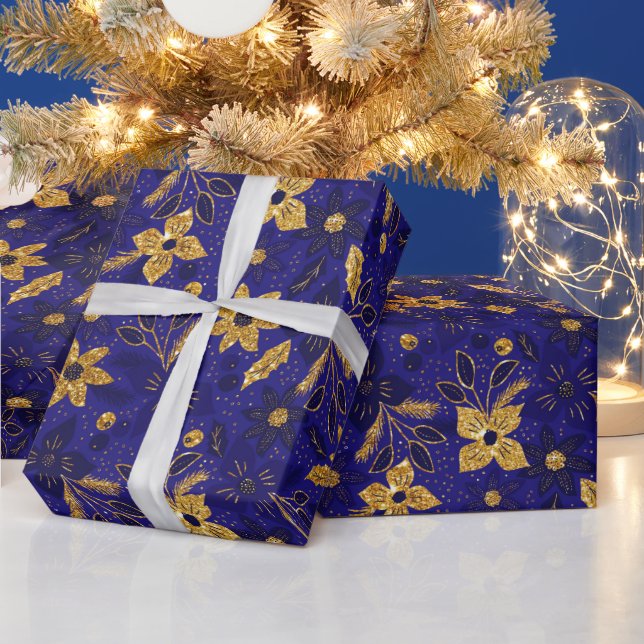 Papel De Presente Gold and Blue Christmas Poinsettia Flowers (Feriados)