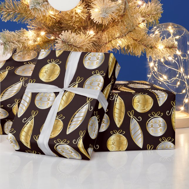 Papel De Presente Gold And Silver Tree Ornaments Wrapping Paper (Feriados)