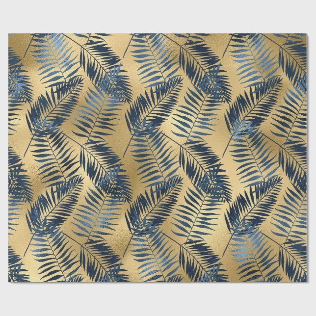 Papel De Presente Gold Blue Palm Leaf Wrapping Paper  (Aberto)