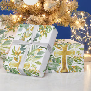 Papel De Presente Gold Cross Floral Watercolor Baptism 1.a Comunidad