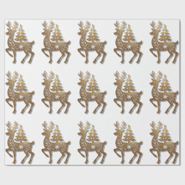 Papel De Presente Gold Foil Reindeer with a Christmas Tree