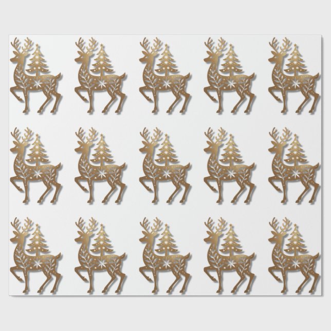 Papel De Presente Gold Foil Reindeer with a Christmas Tree  (Aberto)