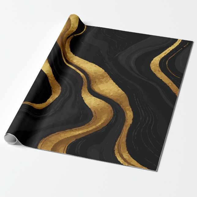 Papel De Presente Gold Gradient Swirls on Black Pattern – Luxury (Desenrolado)