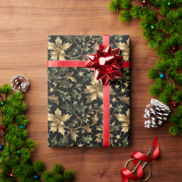 Papel De Presente Gold & Green Leaves Wrapping Paper on Dark Back